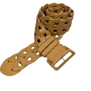 Chicos Woven Leather Belt Womens OS Tan Silver Buckle Wide Chainlink Boho 45"